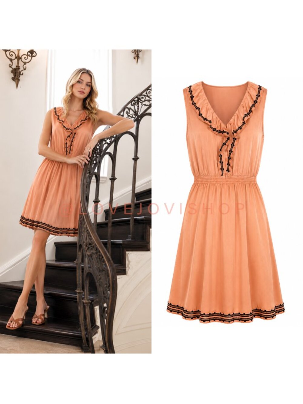 Feminine | THML for Anthropologie Satin Peach Ruffle Embroidered V Neck Mini | M